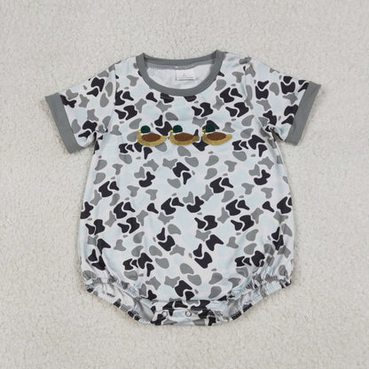 RTS Sibling Baby Boys Short Sleeves Embroidery Ducks Camo Bubble Rompers