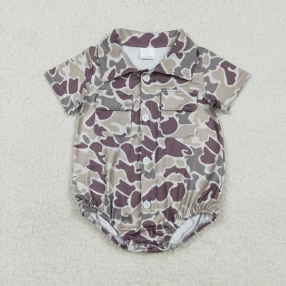 Sibling Baby Boys Infant Short Sleeves Camo Print Pockets Hunting Buttons Bubble Rompers