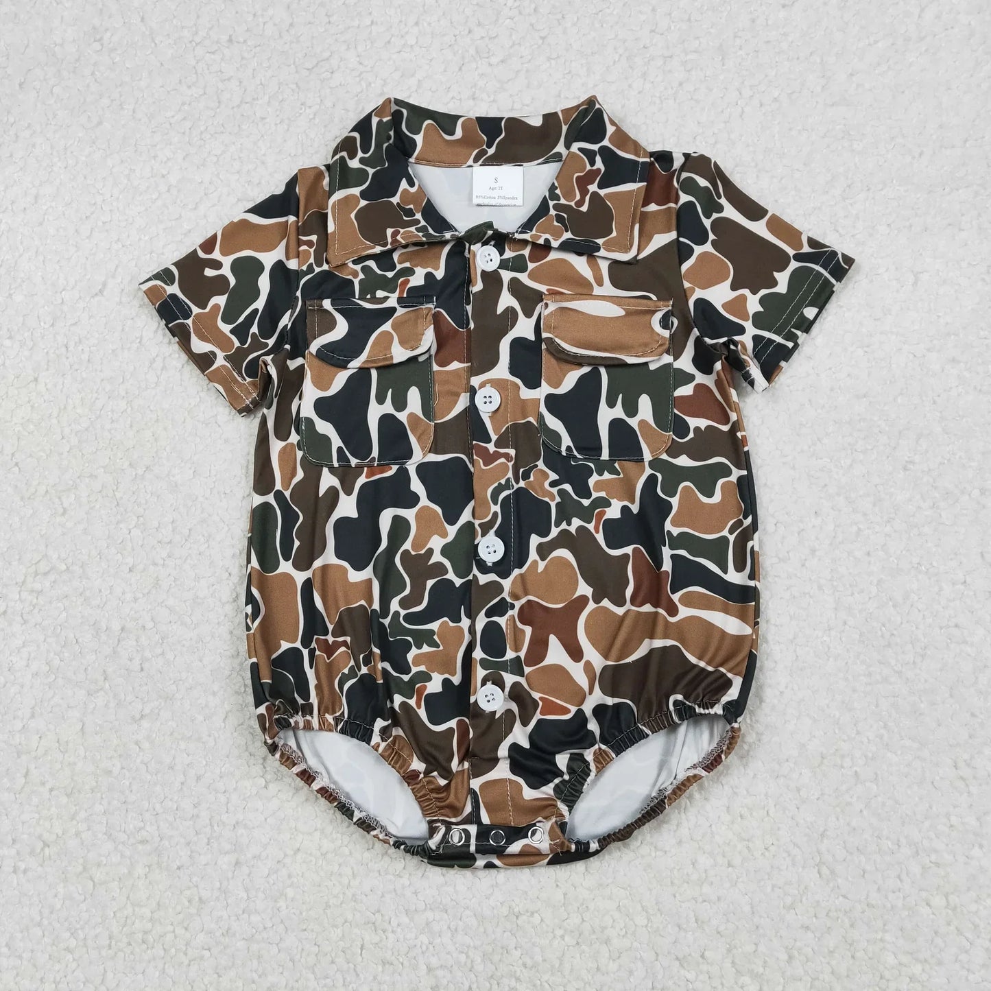 Sibling Baby Boys Infant Short Sleeves Camo Print Pockets Hunting Buttons Bubble Rompers