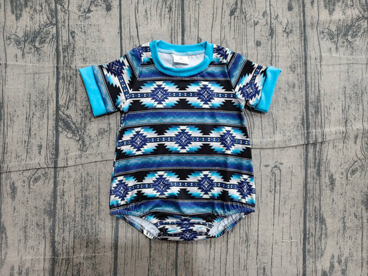 Preorder Baby Boys Short Sleeves Western Aztec Blue Bubble Romper