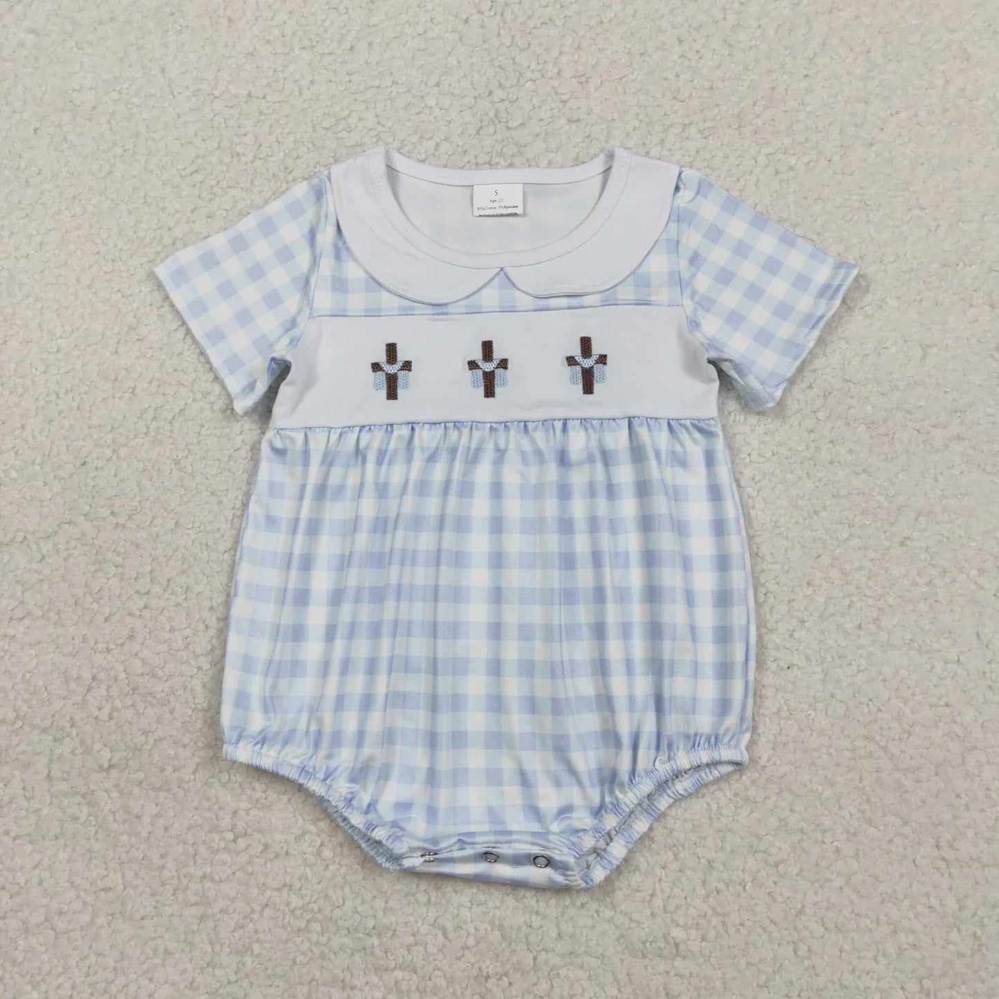 RTS Sibling Baby Boys Kids Short Sleeves Embroidery Crosses Plaid Easter Rompers Dress