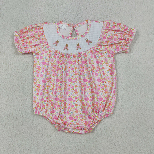 RTS Sibling Baby Girls Kids Short Sleeves Embroidery Rabbits Bows Flower Easter Romper Dress