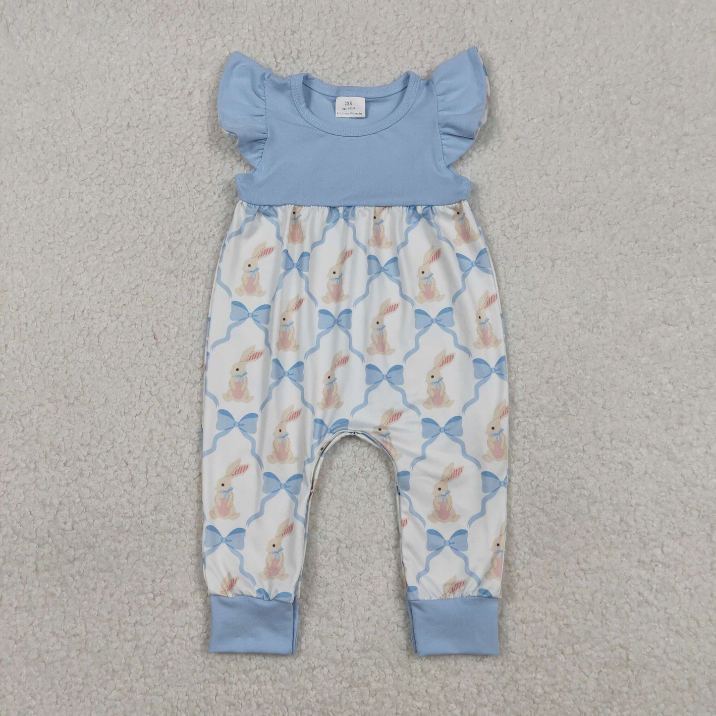 RTS Baby Girls Kids Short Sleeves Blue Bows Rabbits Easter Romper Knee Length Dress