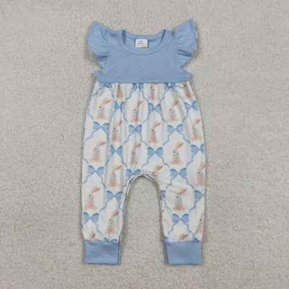 RTS Baby Girls Kids Short Sleeves Blue Bows Rabbits Easter Romper Knee Length Dress
