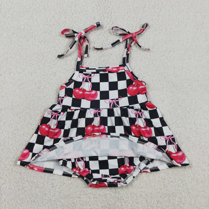 Sibling Baby Girls Kids Cherry Black Checked Romper Set Summer Clothes