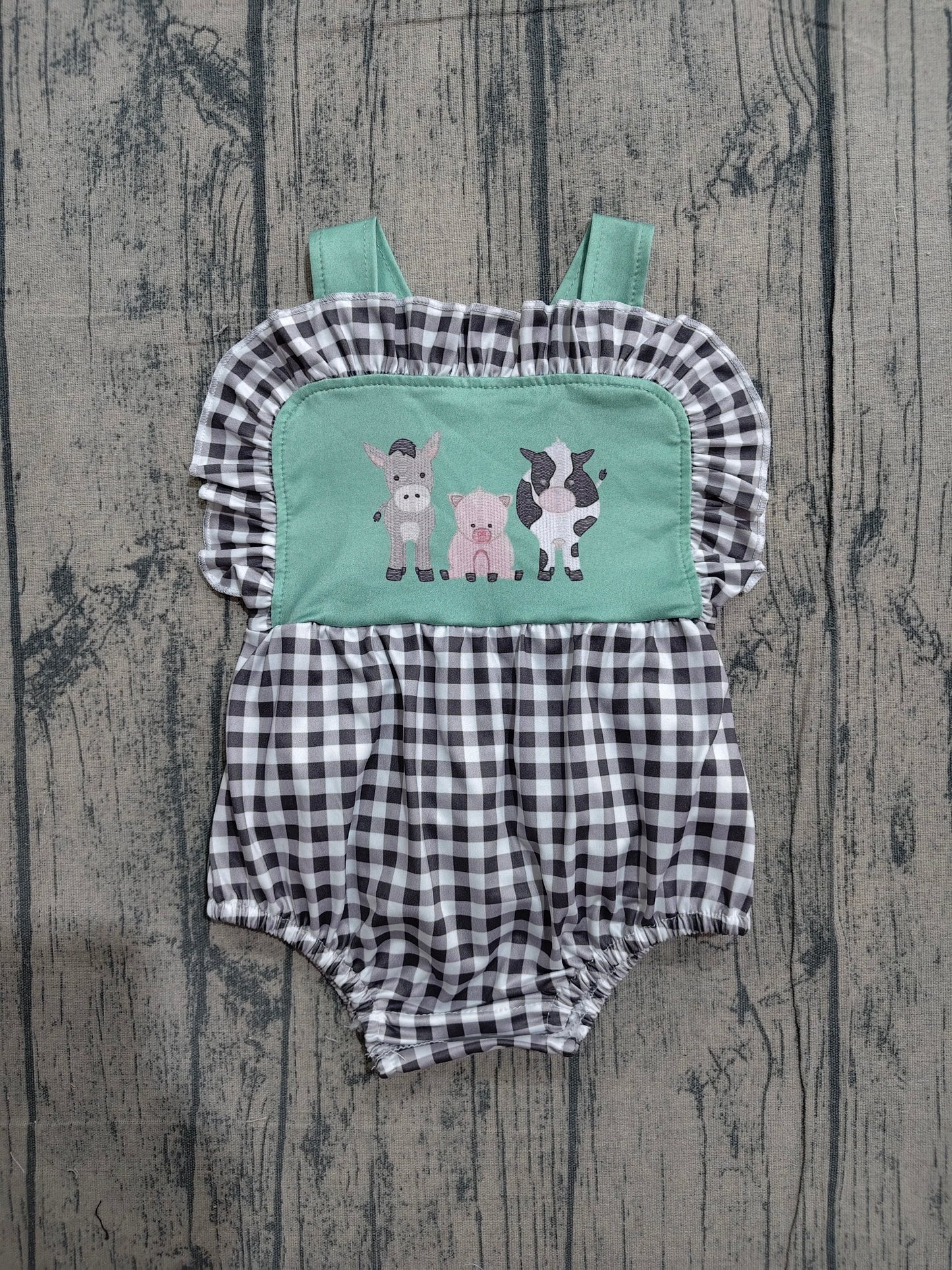 Preorder Baby Girls Infant Sleeveless Farm Animals Plaid Ruffle Bubble Romper