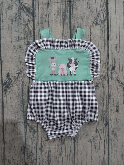 Preorder Baby Girls Infant Sleeveless Farm Animals Plaid Ruffle Bubble Romper