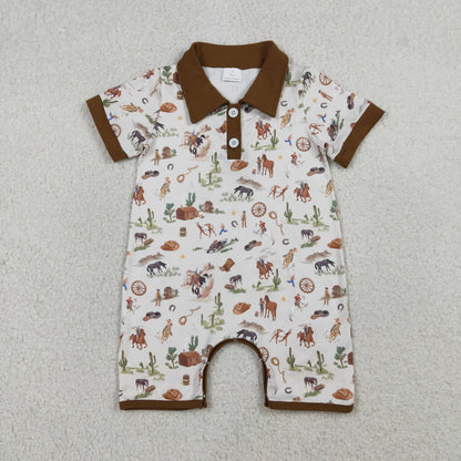 RTS Sibling Baby Boys Kids Short Sleeves Shirt Western Rodeo Cactus Pockets Shorts Set Romper