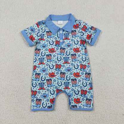 Sibling Baby Boys Kids Short Sleeves Hats Boots Stars 4th of July Western Blue Romper Set Clothes