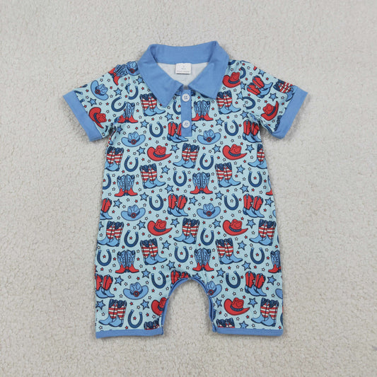 USA Shop Baby Boys Infant Short Sleeves Flags Boots 4th of July Buttons Blue Romper
