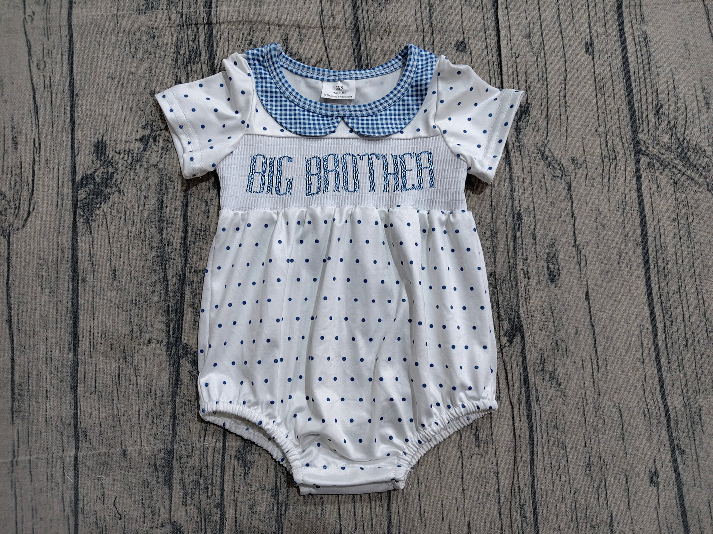 Preorder Baby Boys Infant Short Sleeves Embroidery Big Brother Smocked Bubble Romper