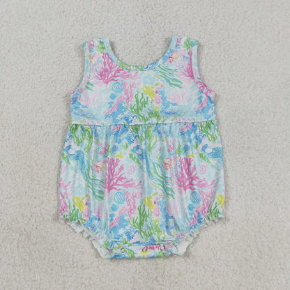 RTS Sibling Baby Girls Kids Sleeveless Sea Flower Knee Length Dress Romper Summer Clothes