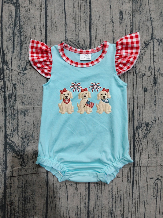 Preorder Baby Girls Kids Short Sleeves Embroidery Dogs Flags 4th of July Romper