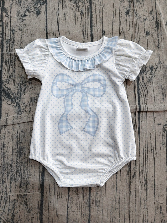 Preorder Baby Girls Infant Short Sleeves Plaid Bow Dots Bubble Romper