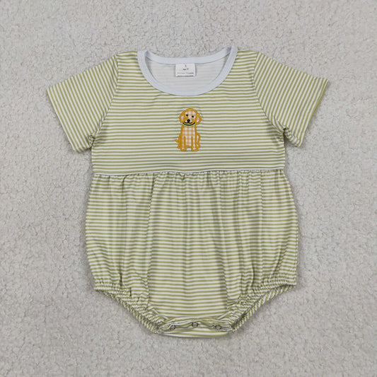 USA Shop Baby Boys Infant Short Sleeves Embroidery Dog Green Stripes Bubble Romper