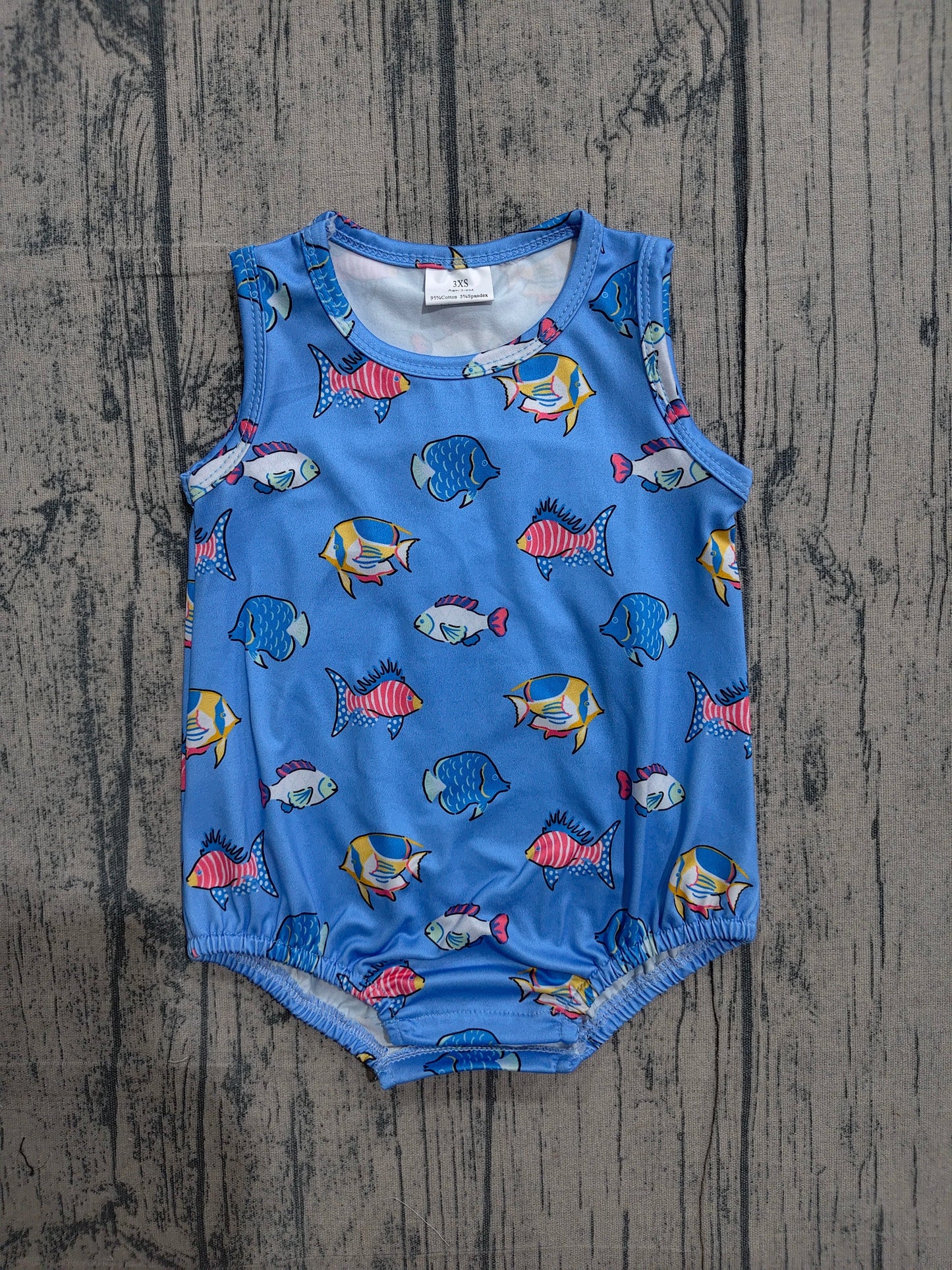 Preorder Baby Boys Infant Sleeveless Fish Blue Bubble Romper Clothes