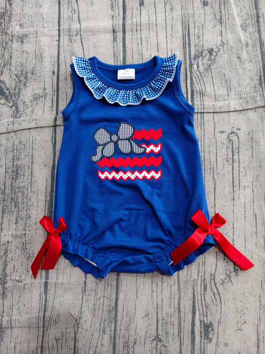 Preorder Baby Girls Infant Sleeveless Embroidery Bows 4th of July Navy Bubble Romper Clothes