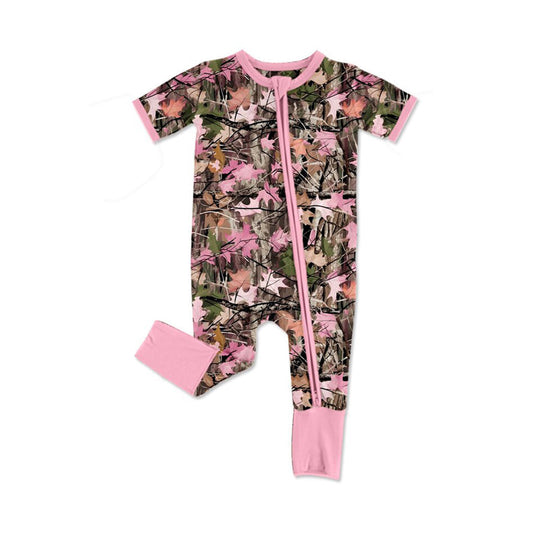 Preorder Baby Girls Kids Short Sleeves Leaves Two-way Zipper Pink Footie Sleeper Romper ( Moq 5 )