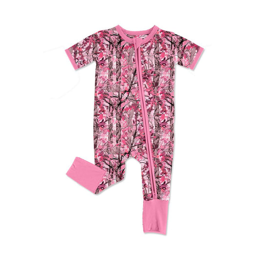 Preorder Baby Girls Kids Short Sleeves Leaves Two-way Zipper Footie Sleeper Pink Romper ( Moq 5 )