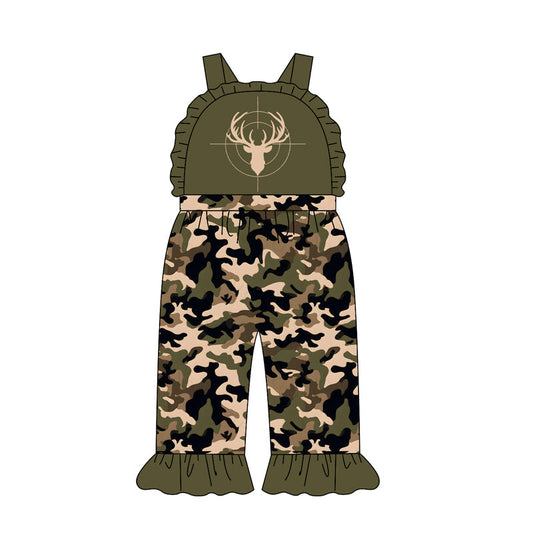 Preorder Baby Girl Kids Deer Green Ruffle Pants Camo Jumpsuit Hunting Clothes ( Moq 5 )