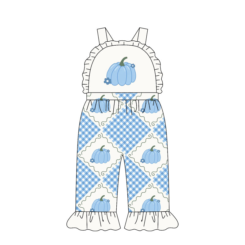 Preorder Baby Girl Kids Sleeveless Blue Pumpkins Flower Ruffle Pants Jumpsuit Clothes ( Moq 5 )