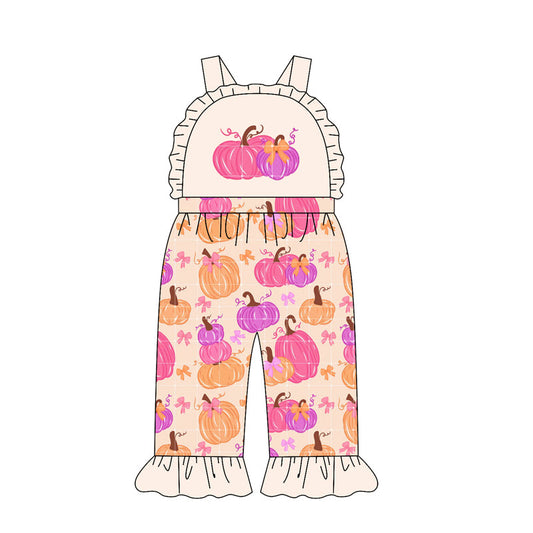 Preorder Baby Girl Kids Sleeveless Pumpkins Bows Pants Jumpsuit Fall Clothes ( Moq 5 )