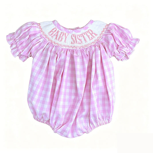 Preorder Baby Girls Infant Short Sleeves Baby Sister Pink Plaid Bubble Romper Clothes ( Moq 5 )