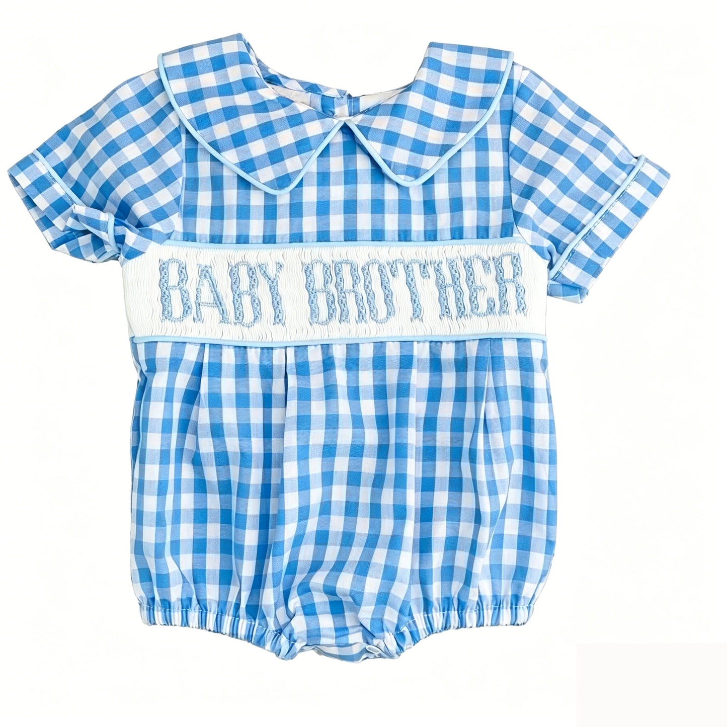 Preorder Baby Boys Infant Short Sleeves Baby Brother Blue Plaid Bubble Romper Clothes ( Moq 5 )