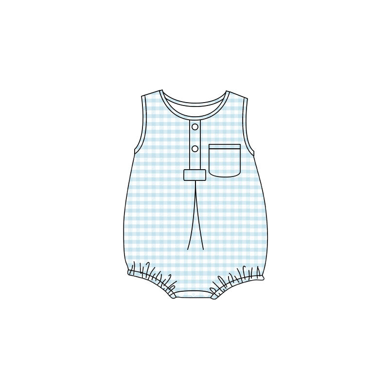 Preorder Baby Boy Infant Sleeveless Light Blue Plaid Pocket Summer Bubble Romper ( Moq 5 )