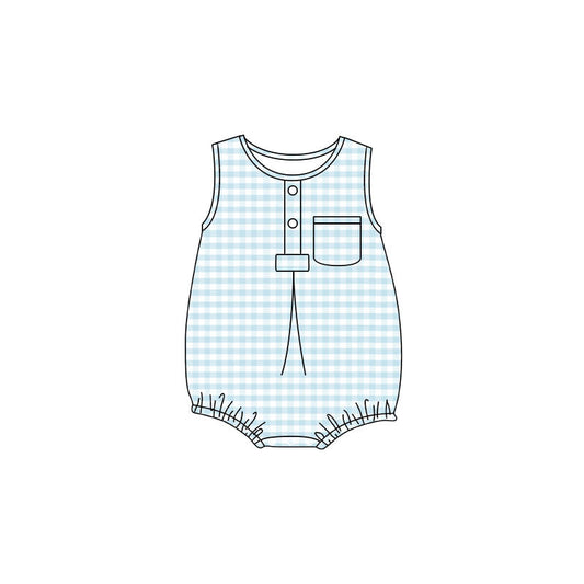 Preorder Baby Boy Infant Sleeveless Light Blue Plaid Pocket Summer Bubble Romper ( Moq 5 )