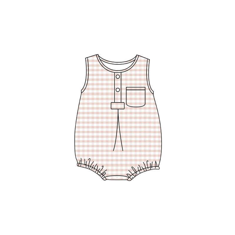Preorder Baby Boy Infant Sleeveless Khaki Plaid Pocket Summer Bubble Romper ( Moq 5 )