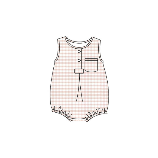 Preorder Baby Boy Infant Sleeveless Khaki Plaid Pocket Summer Bubble Romper ( Moq 5 )