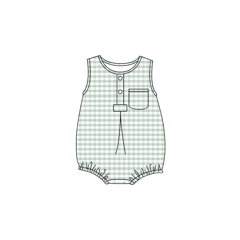 Preorder Baby Boy Infant Sleeveless Green Plaid Pocket Summer Bubble Romper ( Moq 5 )
