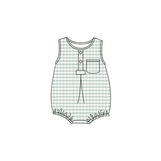 Preorder Baby Boy Infant Sleeveless Green Plaid Pocket Summer Bubble Romper ( Moq 5 )