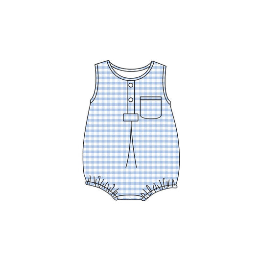 Preorder Baby Boy Infant Sleeveless Blue Plaid Pocket Summer Bubble Romper ( Moq 5 )