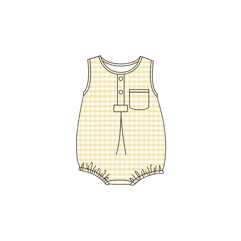Preorder Baby Boy Infant Sleeveless Yellow Plaid Pocket Summer Bubble Romper ( Moq 5 )