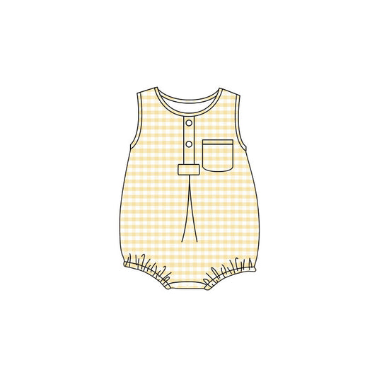 Preorder Baby Boy Infant Sleeveless Yellow Plaid Pocket Summer Bubble Romper ( Moq 5 )