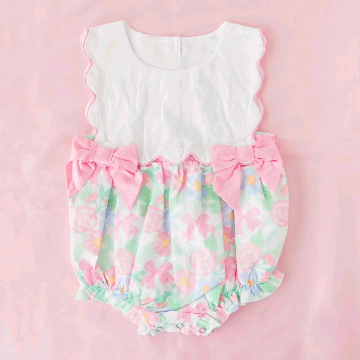 Preorder Baby Girls Infant Sleeveless Flower Bows Scallop Bubble Romper ( Moq 5 )