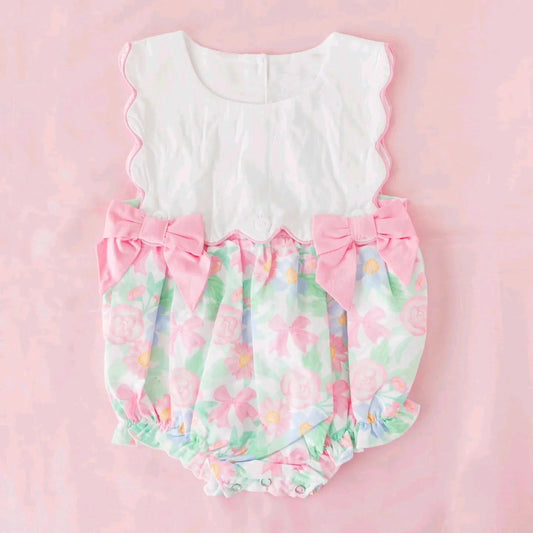 Preorder Baby Girls Infant Sleeveless Flower Bows Scallop Bubble Romper ( Moq 5 )
