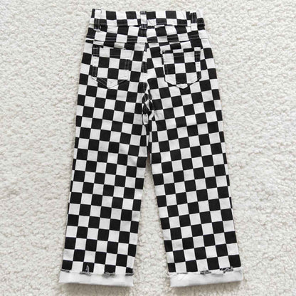 P0122 Baby Boys Kids Black Checked Denim Pants Jeans Bottoms Clothes