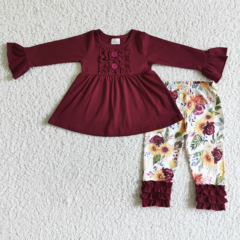 Promotion Baby Girl Long Sleeves Cotton Tunic Flower Ruffle Pants Outfit