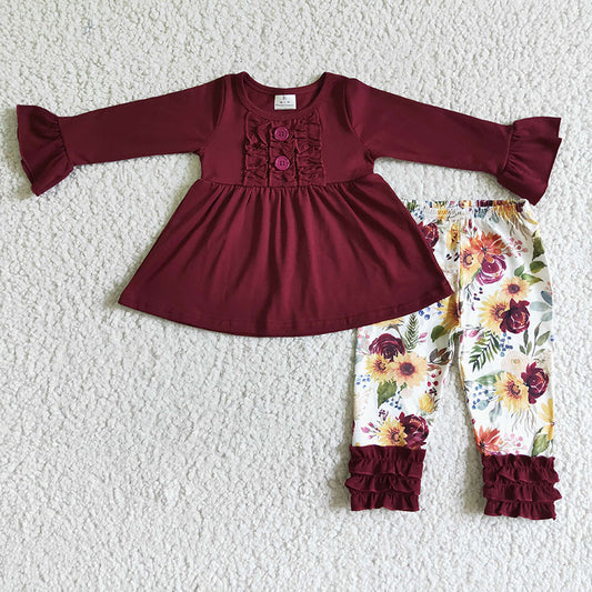 Promotion Baby Girl Long Sleeves Cotton Tunic Flower Ruffle Pants Outfit