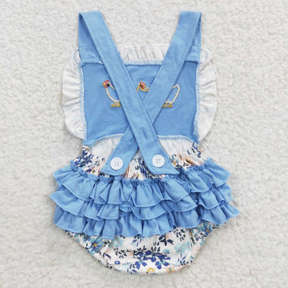 SR0285 Baby Girls Infant Embroidery Chicken Flower Blue Ruffle Bubble Romper Clothes