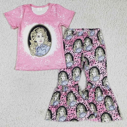 Promotion Baby Girls Kids Pink Short Sleeves Singer Shirt Bell Pants Set