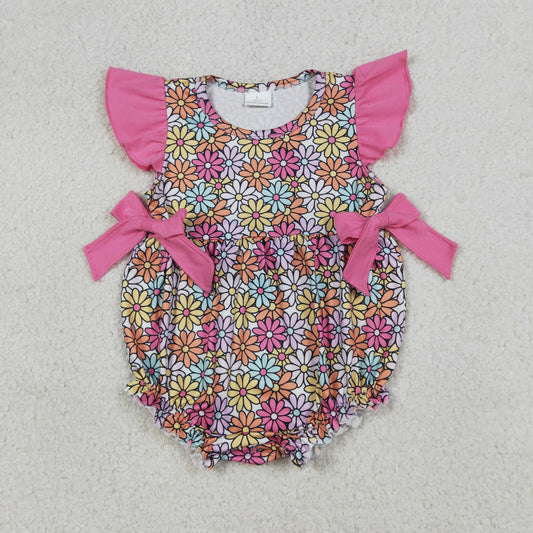 RTS Baby Girls Kids Short Sleeves Flower Pink Bows Bubble Summer Romper