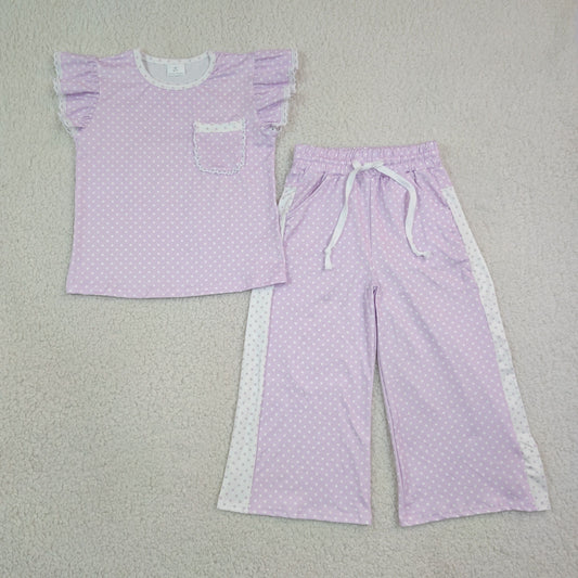 Baby Girl Kids Short Sleeves Pocket Shirt Dots Pants Lavender Set Clothes