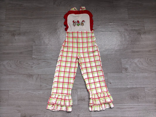 No moq Preorder Baby Girl Kids Christmas Green Face Plaid Ruffle Pants Jumpsuit Clothes