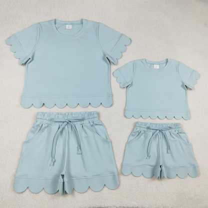 RTS Sibling Baby Girls Adult Women Short Sleeves Blue Cotton Shirts Shorts Scallop Sets Summer Clothes