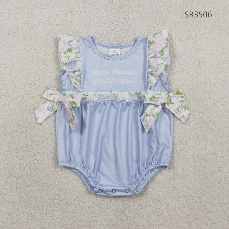 RTS Sibling Baby Girls Kids Thank Heaven Bows Blue Tunic Floral Shorts Set Romper Clothes
