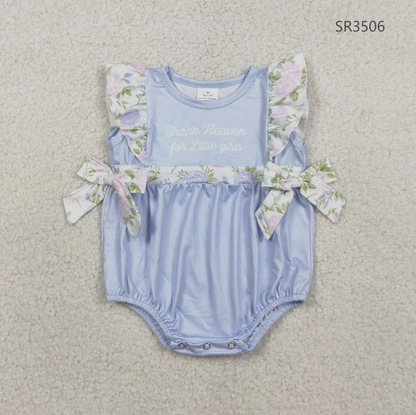 RTS Sibling Baby Girls Kids Thank Heaven Bows Blue Tunic Floral Shorts Set Romper Clothes